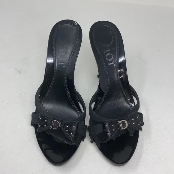 Dior Sz 37 Black Logo High Heel Sandals Bow Studs - Picture 5 of 16